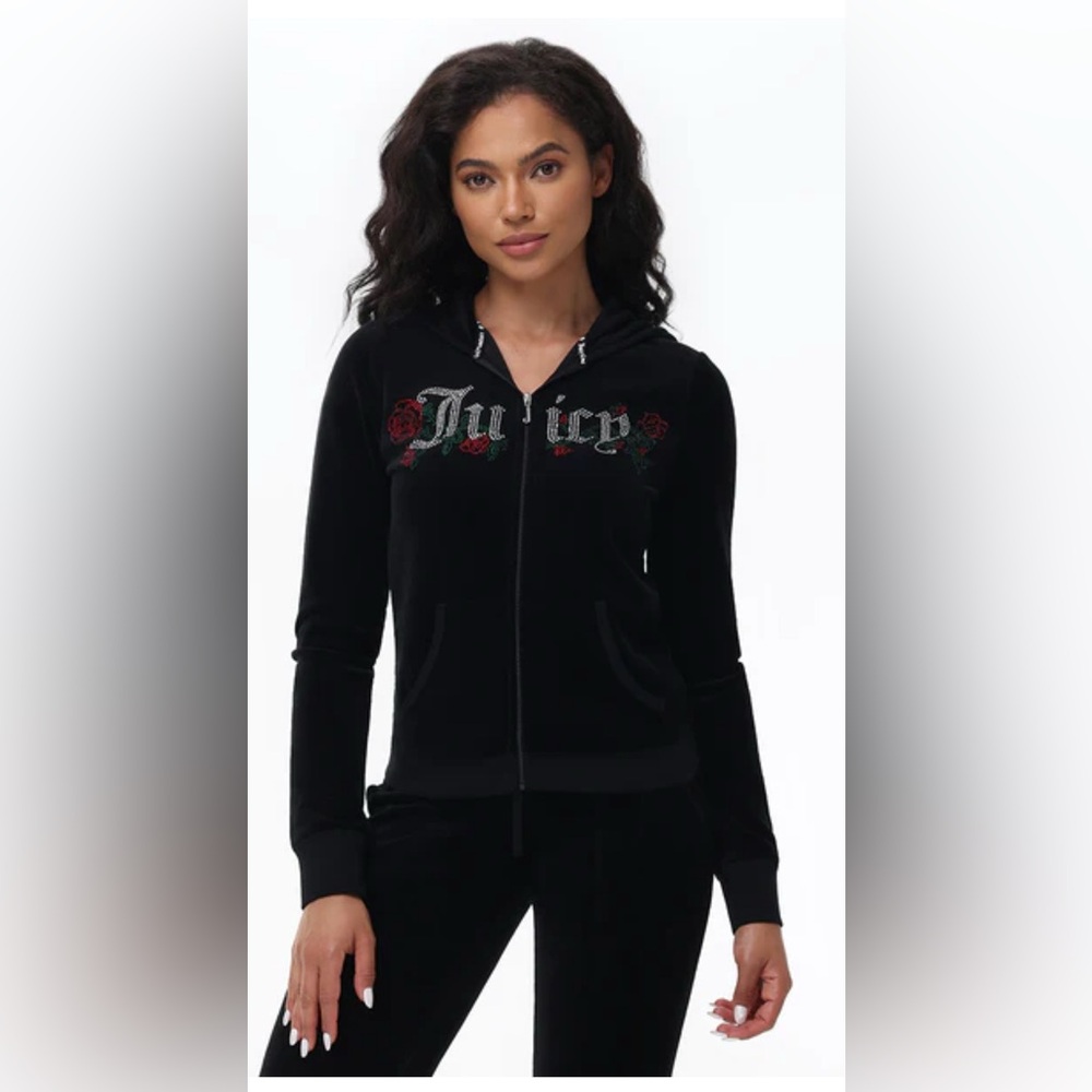 NWOT JUICY ROSES BLING COTTON VELOUR HOODIE in licorice size L